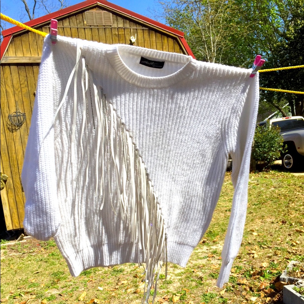 White Western Knit Sweater Faux Leather&Rinestones